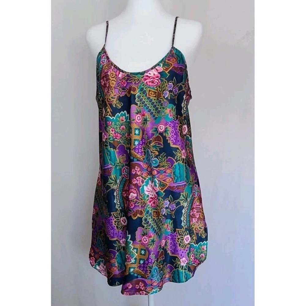 VINTAGE Silky Floral Satin Slip Dress Nighty M Whimsey Feminine Fairy Asian